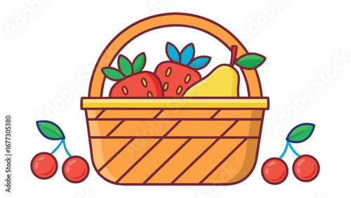Woven fruit basket with strawberries pear and cherries