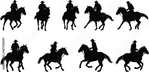 Cowboy riding horse silhouette, western man on horseback, ranch rider, cowboy vector illustration, horse riding art, country western style