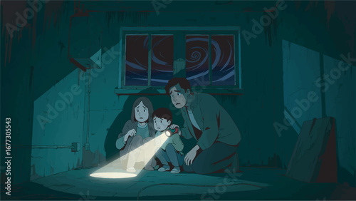 Family Hiding from Natural Disaster Design Template Illustration
