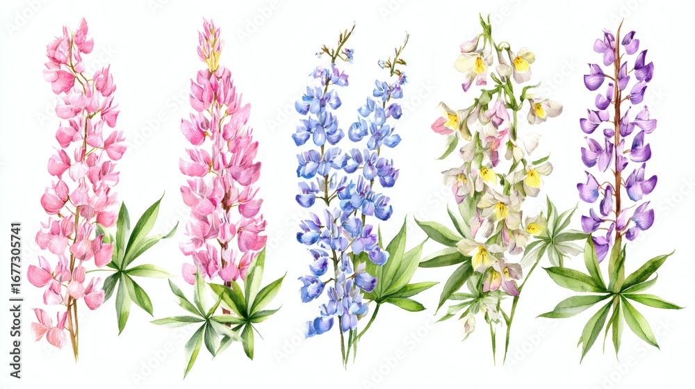 Obraz premium A collection of colorful lupin flowers in various shades including pink, blue, white, and purple, with green leaves