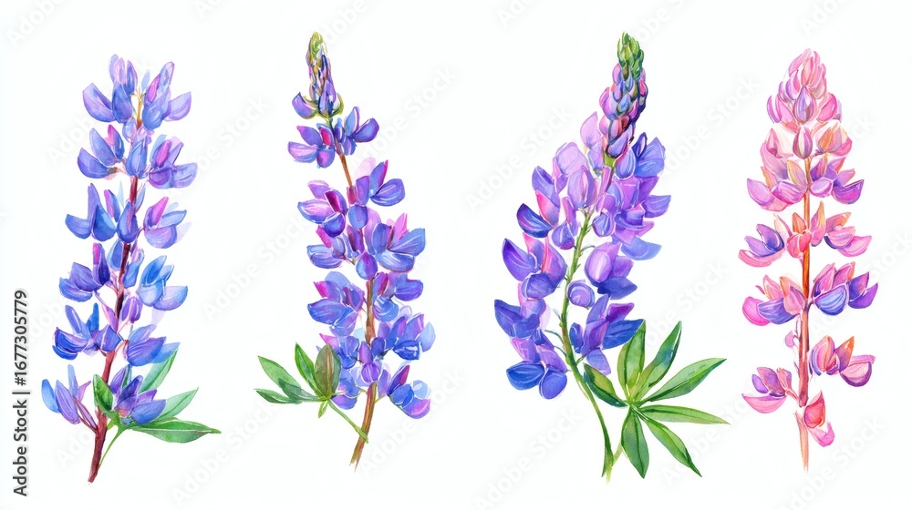 Naklejka premium A collection of four watercolor illustrations of lupine flowers, showcasing various shades of purple and pink with green leaves