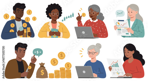 Diverse professionals managing finances and investments with modern technology tools