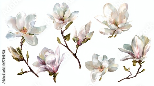 A collection of delicate magnolia flowers in soft pastel colors, featuring various stages of bloom and branches, ideal for floral designs or botanical illustrations