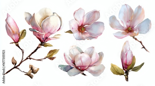 Fototapeta Naklejka Na Ścianę i Meble -  A collection of watercolor magnolia flowers and branches, showcasing various stages of bloom with soft pink and white petals, delicate leaves