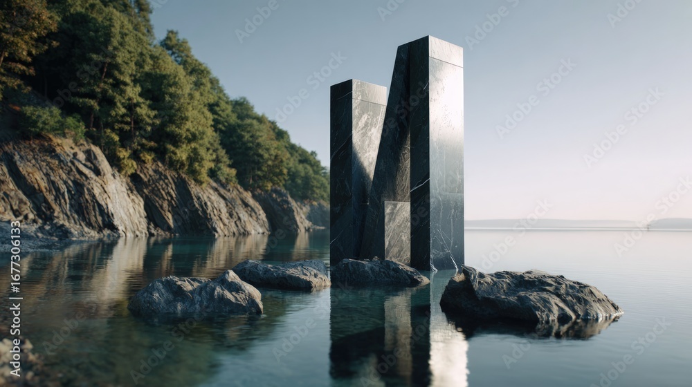 Fototapeta premium Dark, sculpted stone monoliths stand sentinel in a tranquil coastal landscape, reflecting serenely in the calm water.