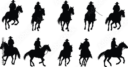 Cowboy riding horse silhouette, western rider on horseback, cowboy vector art, ranch cowboy illustration, horse riding silhouette, wild west cowboy