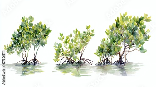 A watercolor illustration of mangrove trees with green leaves and visible roots in shallow water