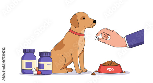 Veterinary care cartoon illustration: hand offering medication to a golden dog