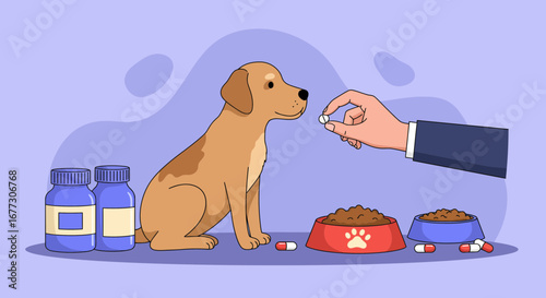 Cartoon Illustration of a Person Giving a Dog Medicine for Health and Care