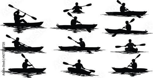 Kayaking silhouette on water, man paddling kayak boat, outdoor adventure vector, canoeing sport illustration, river activity icon, summer recreation design