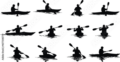 Kayaking silhouette vector, man paddling kayak on water, outdoor canoe sport icon, river adventure design, summer recreation activity, boating illustration