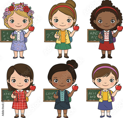 Cartoon schoolgirls with apples, chalkboard education scene, classroom vector, backpack illustration, math symbols, ABC board, learning theme