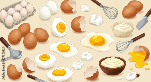 Cartoon-style illustration featuring an array of eggs, cooking tools and food preparation