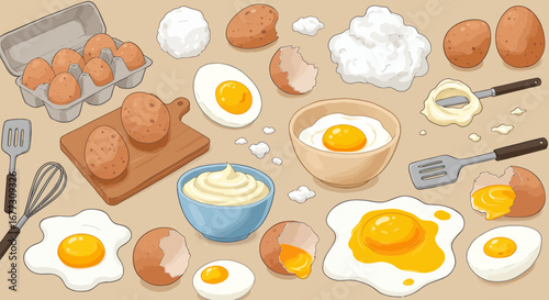 Cartoon eggs, culinary preparations and cooking equipment in colorful illustration