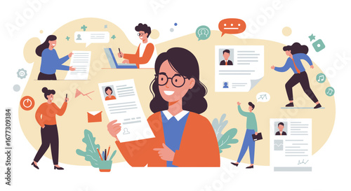 Recruitment process illustration featuring team collaborating for hiring talent