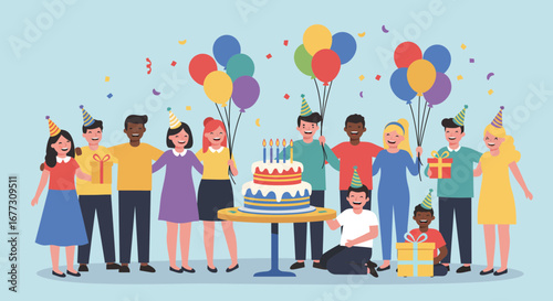 Diverse group of friends celebrating a birthday party with cake and balloons