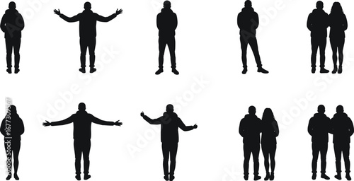 Man and woman silhouette, people standing, couple relationship, friendship bond, community support, vector illustration, lifestyle design, casual human figures