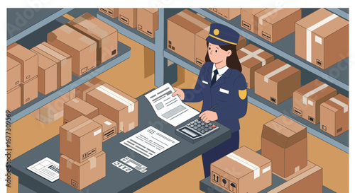 Warehouse Inspector Woman with Uniform Calculating in Storage full of Boxes