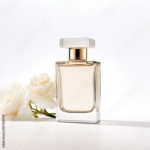 Elegant Clear Glass Perfume Bottle with White Flowers on White Background