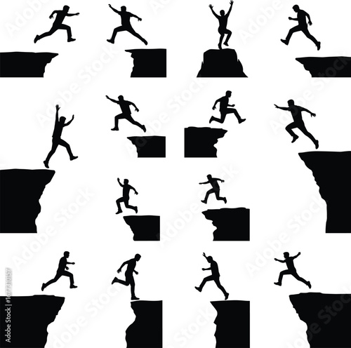 Man jumping cliff silhouette, leap of faith, success challenge, business risk concept, vector illustration, extreme sport design, overcoming obstacle