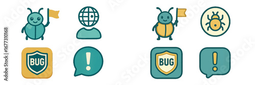 Cartoon bug character with globe, shield, and alert icons. Modern 3D Icon Set