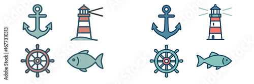 Nautical Symbols: Anchor, Lighthouse, Ship Wheel, Fish. Modern 3D Icon Set