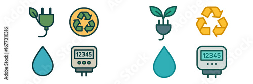 Eco energy and water consumption icons with recycling symbol and utility meters. Modern 3D Icon Set