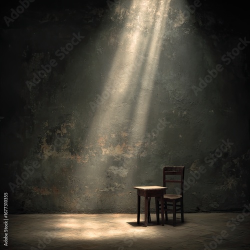 A solitary wooden chair and table sit in a dimly lit room, bathed in a shaft of light emanating from above, highlighting the textures of the aged walls and floor