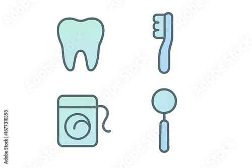 Dental hygiene tools: tooth, toothbrush, floss, mirror. Modern 3D Icon Set