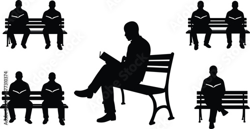 Man reading book on bench silhouette, sitting posture vector, student study design, outdoor education concept, male reader illustration, knowledge learning
