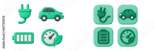 Electric car charging and battery status icons with leaf symbol. Modern 3D Icon Set