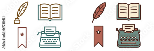 Vintage writing tools and stationery icons: quill, inkwell, books, typewriter, bookmarks. Modern 3D Icon Set