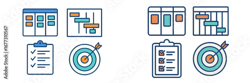 Project management icons: Gantt, Kanban, checklist, target. Modern 3D Icon Set