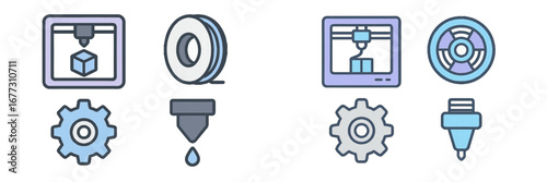 3D Printer Components and Manufacturing Process Icons. Modern 3D Icon Set