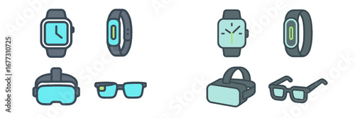 Wearable technology icons: smartwatch, fitness tracker, VR headset, smart glasses. Modern 3D Icon Set