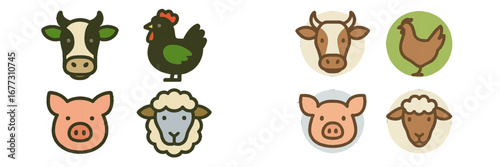 Farm Animals Set: Cow, Chicken, Pig, Sheep. Modern 3D Icon Set