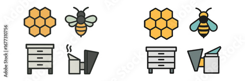 Beekeeping Tools and Honeycomb Symbols. Modern 3D Icon Set