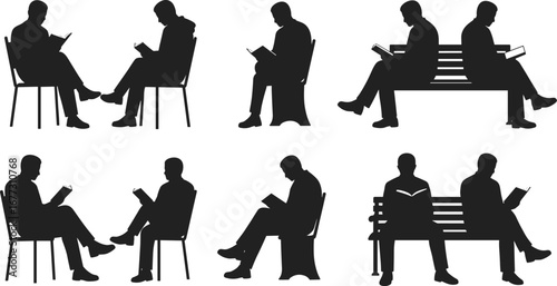 Man reading book silhouette, sitting on chair, bench, studying posture vector, education illustration, male reader design, learning knowledge concept