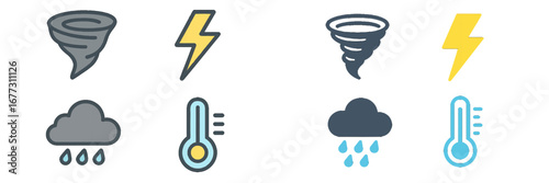 Weather icons: tornado, lightning, rain, thermometer. Modern 3D Icon Set