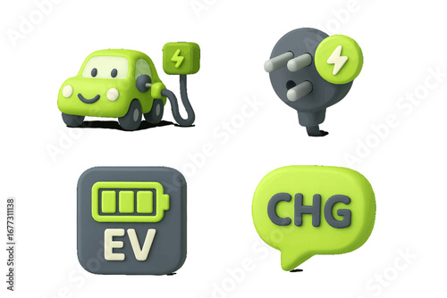 Electric car charging station with battery and plug icons, eco-friendly transport. Modern 3D Icon Set