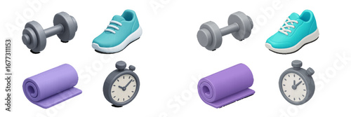 Fitness equipment collection, isometric view. Modern 3D Icon Set