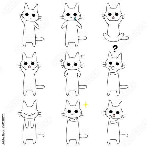 白いネコのキャラクターがさまざまな表情とポーズを見せるかわいいイラストセット。泣く・笑う・驚く・考えるなど感情表現に使えるデザイン素材。シンプルでデフォルメされたベクターイラスト｜猫,ネコ,キャラクター,表情,セット,かわいい
