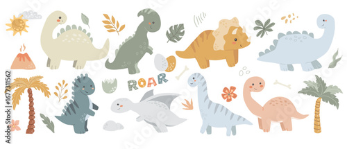 Cartoon baby dinosaurs with plants and volcano in colorful prehistoric scene. Cute dinosaurs and plants vector set, hand drawn kid's vector illustration. 