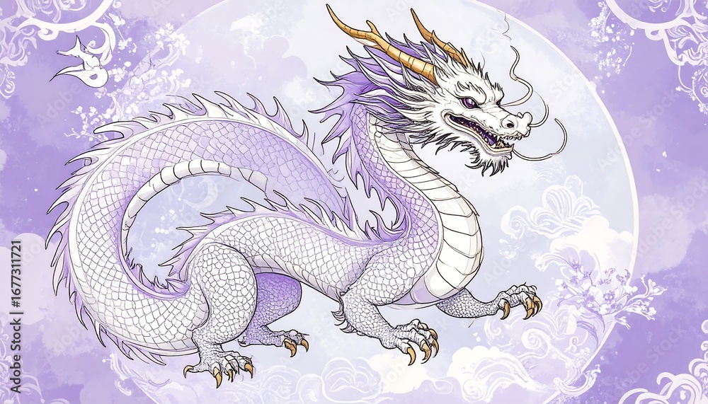 Fototapeta premium Majestic lavender dragon on a pale purple background