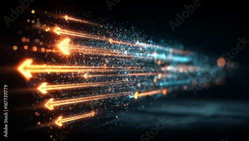Series of arrows are shown in a blurry, colorful, and dynamic way. Concept of movement and energy