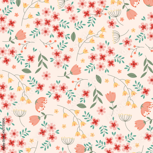 Elegant Floral Pattern with Delicate Flowers and Leaves