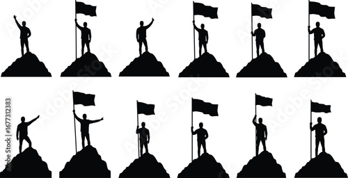 Man standing on mountain peak, victory flag silhouette, success achievement vector, leadership concept, mountain climbing illustration, business goal motivation