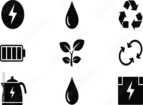 Energy, environment, sustainability, eco, electricity, water, recycling, battery, plant, nature, green, power, icon, symbol, cycle, reuse, vector, minimal, black, grid