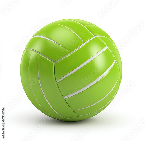 Bright lime green volleyball, smooth surface, white panels, isolated on white background