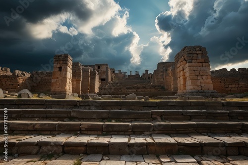 Ancient Stone Steps Leading to Dramatic Storm Clouds